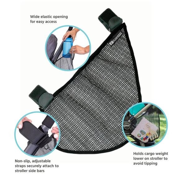 Stroller side sling cargo net organizer mesh bag adjustable straps baby storage - Picture 3 of 7
